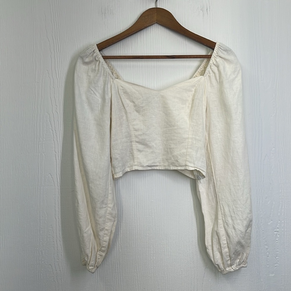 Forever 21 - Ivory Linen Blend Puffed Sleeve Heart Neckline Crop Size Medium - Picture 6 of 11